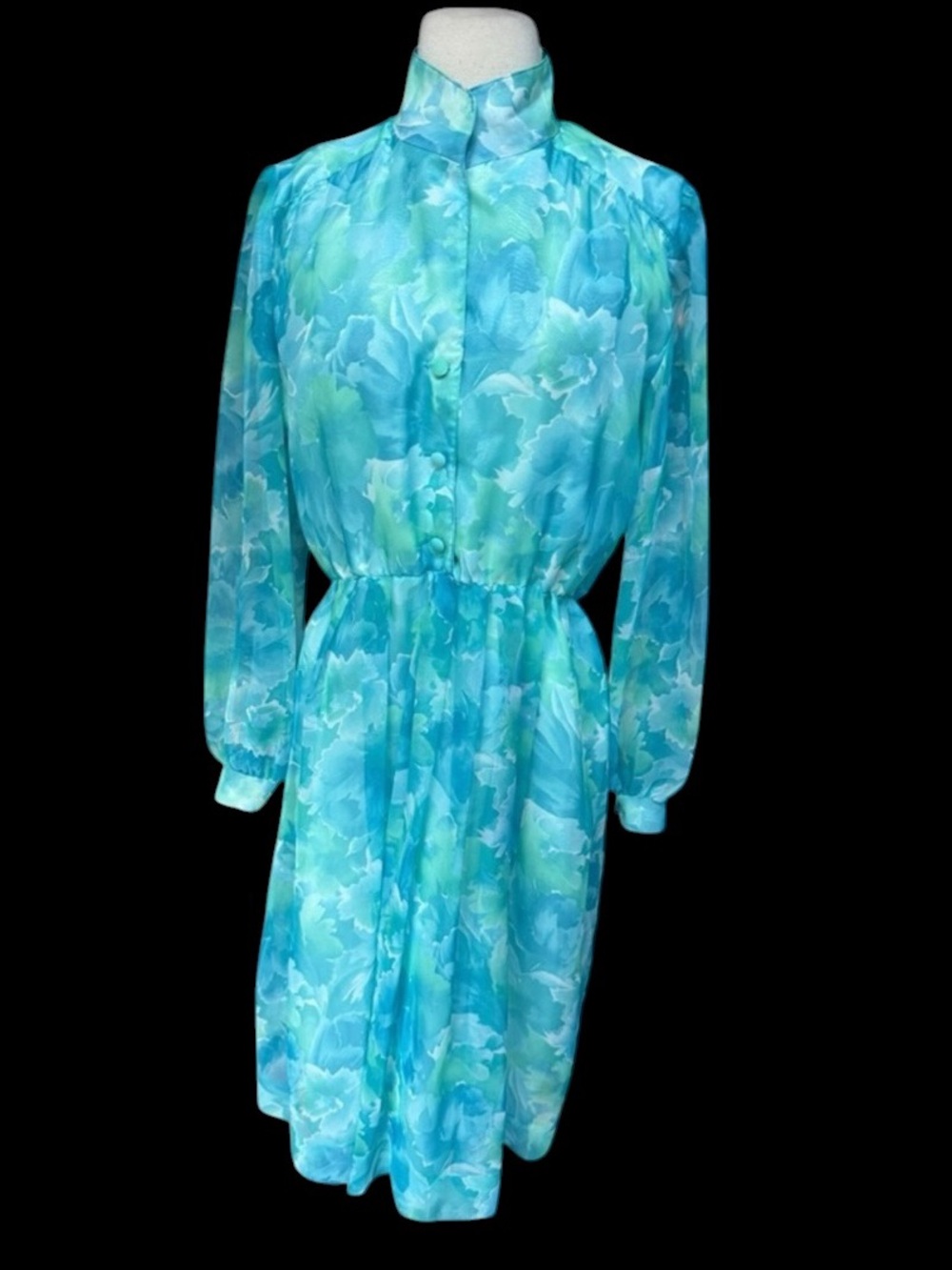 1970s Flowy Watercolor Floral Print Translucent Chiffon Dress